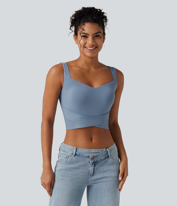 Diamond Collar Built-in Bra Crossover Hem Cropped Casual Tank Top Diamond Collar Built-in Bra Crossover Hem Cropped Casual Tank Top