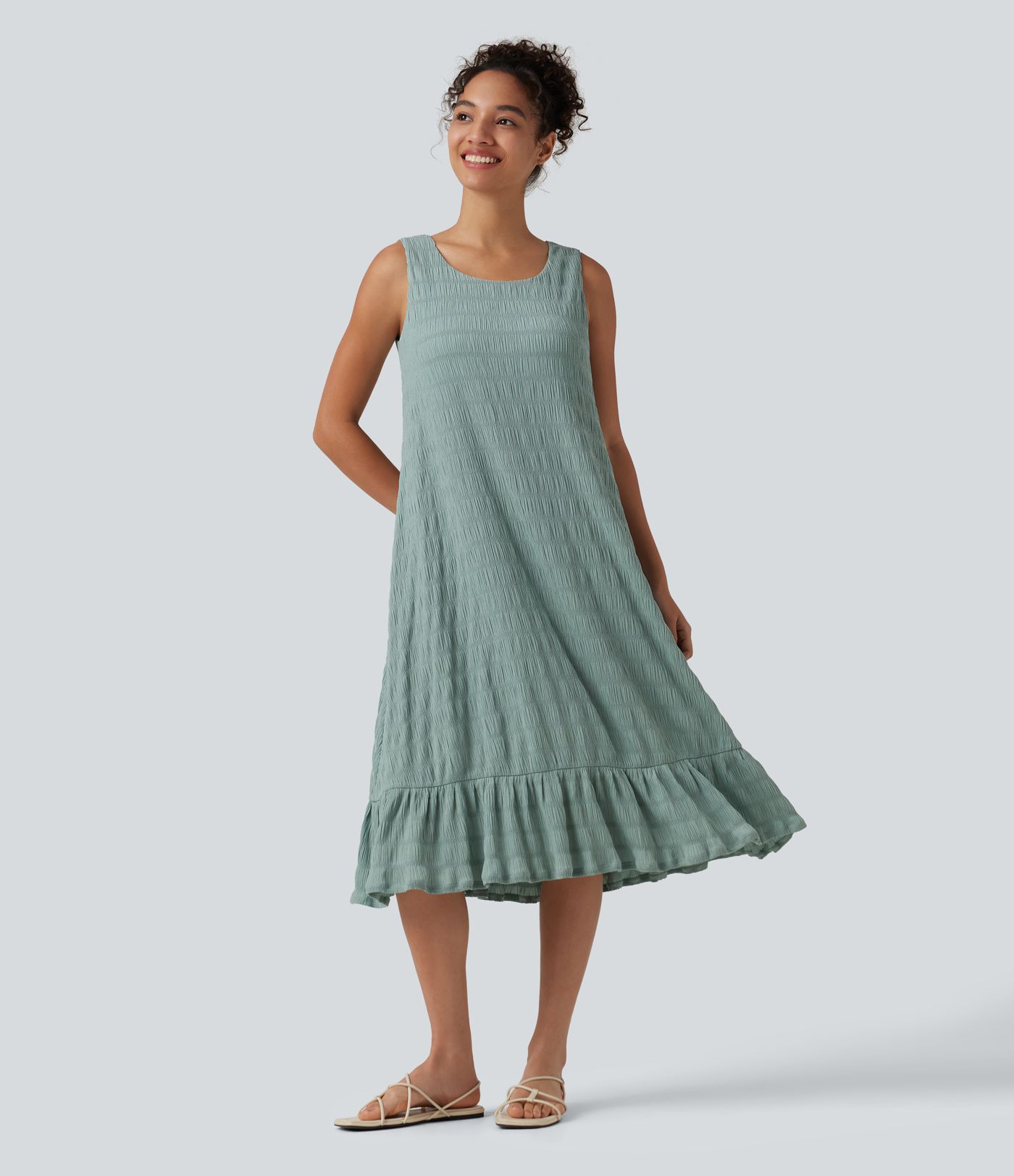 Round Neck Built-in Bra Sleeveless Ruffle Hem Midi Casual Dress Round Neck Built-in Bra Sleeveless Ruffle Hem Midi Casual Dress