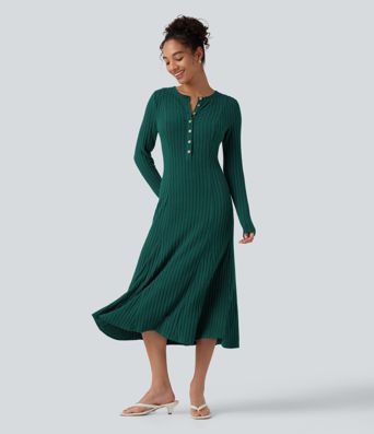 Ribbed Knit Henley Neck Long Sleeve Flowy Midi Casual Dress Ribbed Knit Henley Neck Long Sleeve Flowy Midi Casual Dress