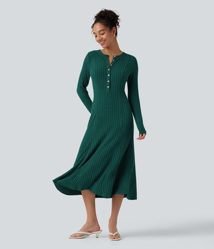 Ribbed Knit Henley Neck Long Sleeve Flowy Midi Casual Dress Ribbed Knit Henley Neck Long Sleeve Flowy Midi Casual Dress