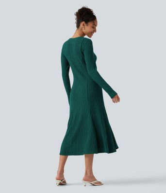 Ribbed Knit Henley Neck Long Sleeve Flowy Midi Casual Dress Ribbed Knit Henley Neck Long Sleeve Flowy Midi Casual Dress