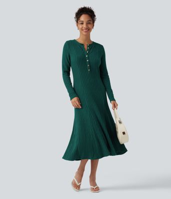 Ribbed Knit Henley Neck Long Sleeve Flowy Midi Casual Dress Ribbed Knit Henley Neck Long Sleeve Flowy Midi Casual Dress