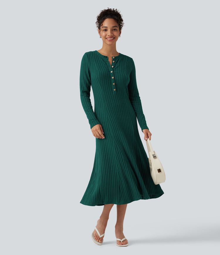 Ribbed Knit Henley Neck Long Sleeve Flowy Midi Casual Dress Ribbed Knit Henley Neck Long Sleeve Flowy Midi Casual Dress