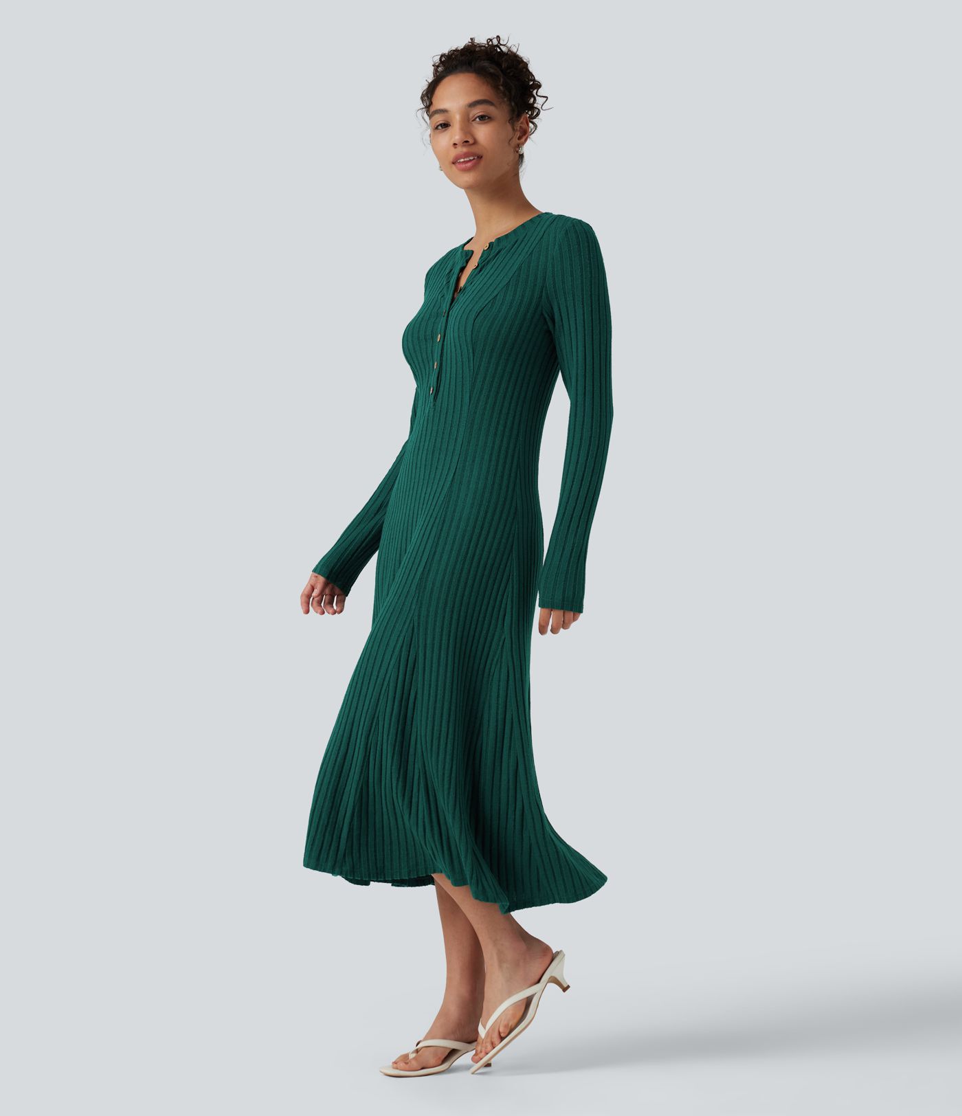Ribbed Knit Henley Neck Long Sleeve Flowy Midi Casual Dress Ribbed Knit Henley Neck Long Sleeve Flowy Midi Casual Dress
