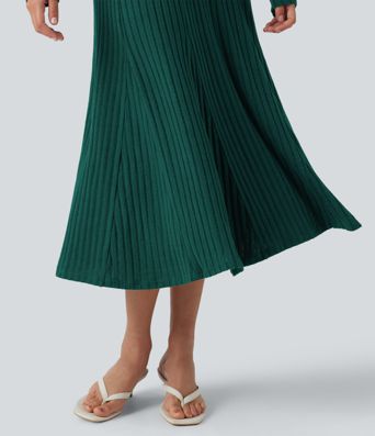 Ribbed Knit Henley Neck Long Sleeve Flowy Midi Casual Dress Ribbed Knit Henley Neck Long Sleeve Flowy Midi Casual Dress
