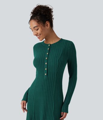 Ribbed Knit Henley Neck Long Sleeve Flowy Midi Casual Dress Ribbed Knit Henley Neck Long Sleeve Flowy Midi Casual Dress