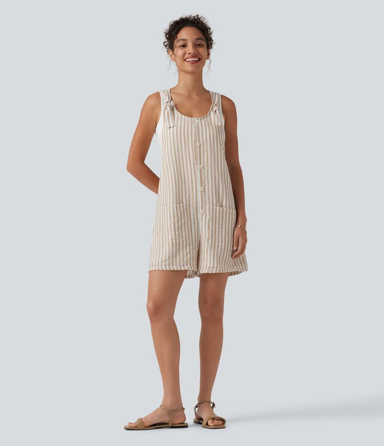 Knot Strap Stripe Casual Linen-Feel Short Overalls with Pockets Knot Strap Stripe Casual Linen-Feel Short Overalls with Pockets
