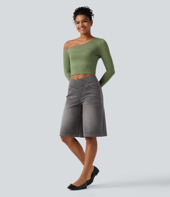 Short en jean ample Halara Flex™ taille haute croisé gainant décontracté avec poches Short en jean ample Halara Flex™ taille haute croisé gainant décontracté avec poches