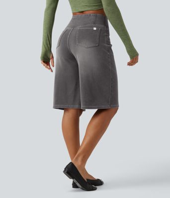 Short en jean ample Halara Flex™ taille haute croisé gainant décontracté avec poches Short en jean ample Halara Flex™ taille haute croisé gainant décontracté avec poches