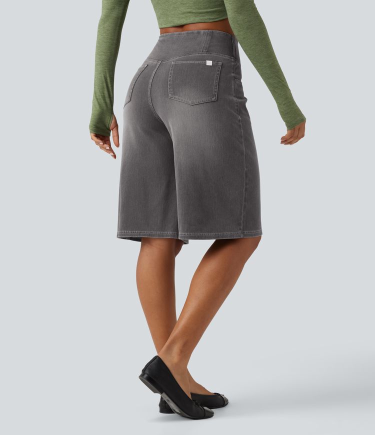 Short en jean ample Halara Flex™ taille haute croisé gainant décontracté avec poches Short en jean ample Halara Flex™ taille haute croisé gainant décontracté avec poches