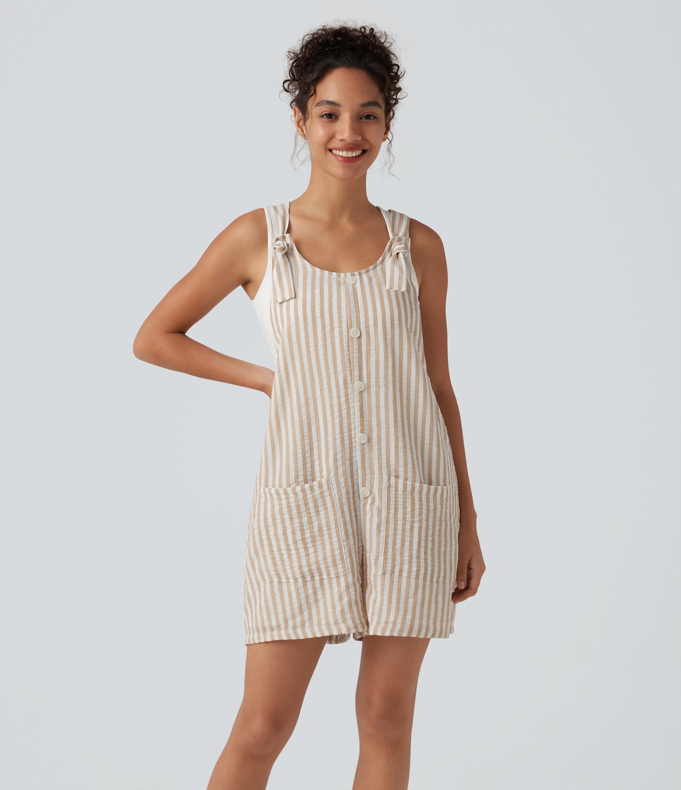 Knot Strap Stripe Casual Linen-Feel Short Overalls with Pockets Knot Strap Stripe Casual Linen-Feel Short Overalls with Pockets