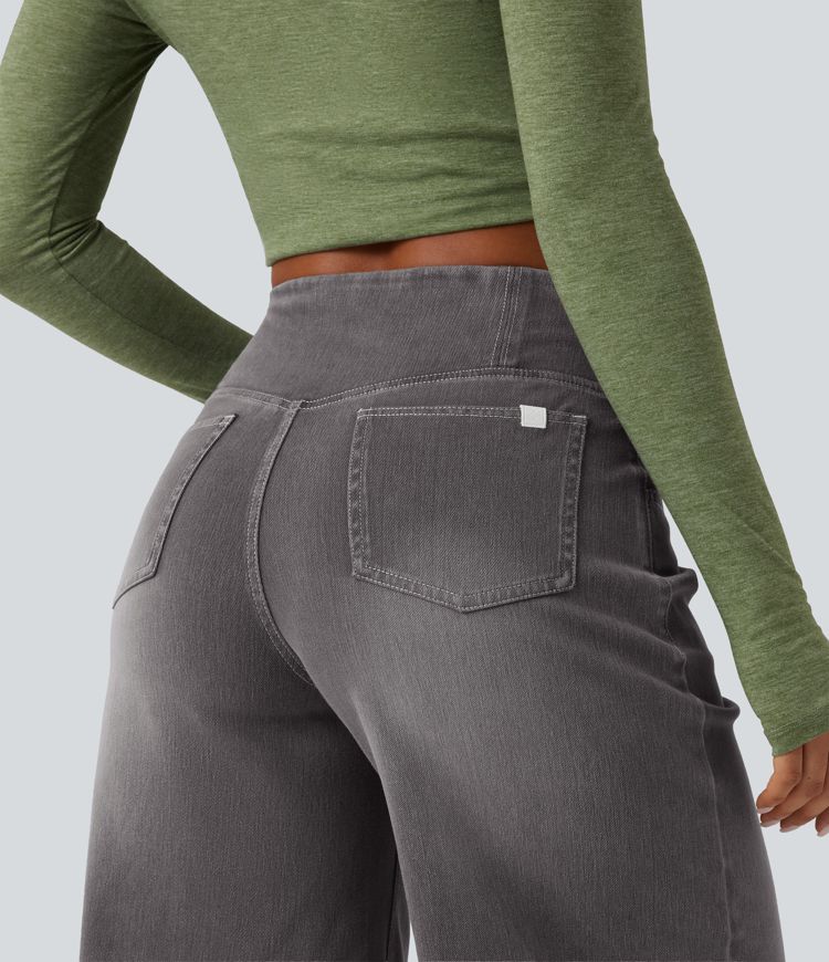 Short en jean ample Halara Flex™ taille haute croisé gainant décontracté avec poches Short en jean ample Halara Flex™ taille haute croisé gainant décontracté avec poches