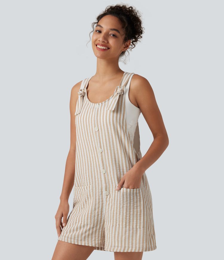 Knot Strap Stripe Casual Linen-Feel Short Overalls with Pockets Knot Strap Stripe Casual Linen-Feel Short Overalls with Pockets