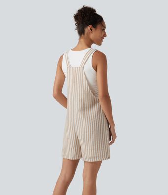 Knot Strap Stripe Casual Linen-Feel Short Overalls with Pockets Knot Strap Stripe Casual Linen-Feel Short Overalls with Pockets