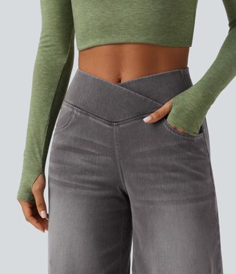 Short en jean ample Halara Flex™ taille haute croisé gainant décontracté avec poches Short en jean ample Halara Flex™ taille haute croisé gainant décontracté avec poches