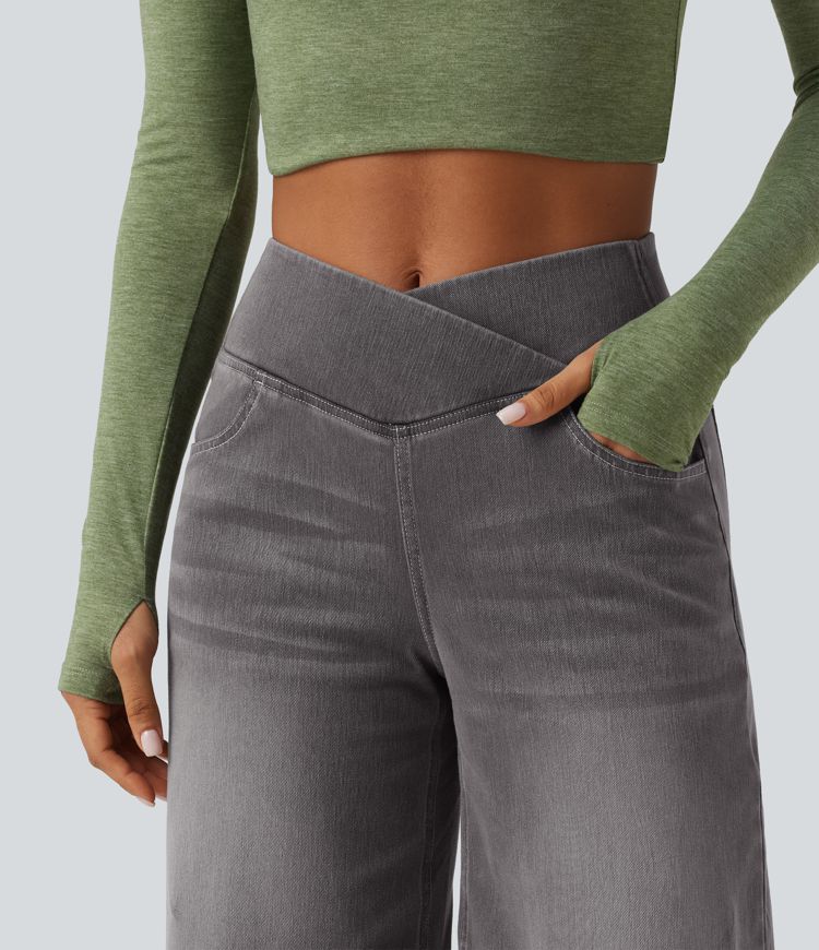 Short en jean ample Halara Flex™ taille haute croisé gainant décontracté avec poches Short en jean ample Halara Flex™ taille haute croisé gainant décontracté avec poches