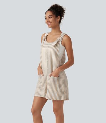 Knot Strap Stripe Casual Linen-Feel Short Overalls with Pockets Knot Strap Stripe Casual Linen-Feel Short Overalls with Pockets