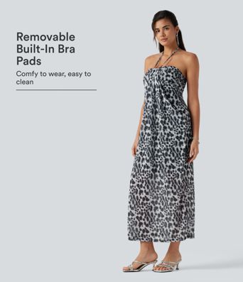 Halter Tie Back Built-in Bra Leopard Print Maxi Dress