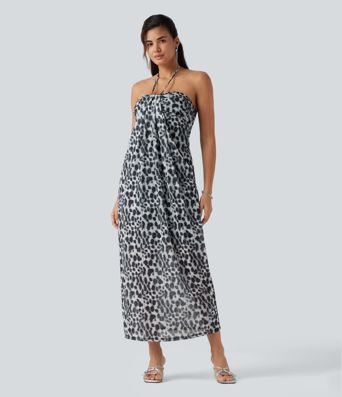 Halter Tie Back Built-in Bra Leopard Print Maxi Dress
