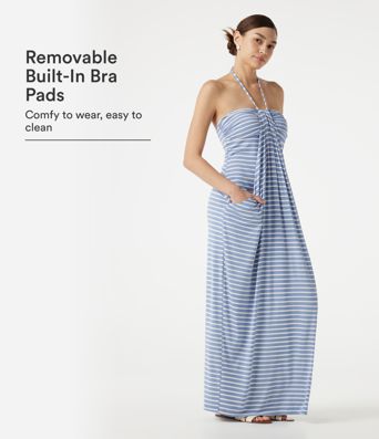 Halter Tie Back Built-in Bra Striped Maxi Resort Dress with Pockets Halter Tie Back Built-in Bra Striped Maxi Resort Dress with Pockets