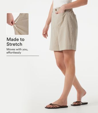High Waisted Casual Linen-Feel Bermuda Shorts 7'' with Pockets
