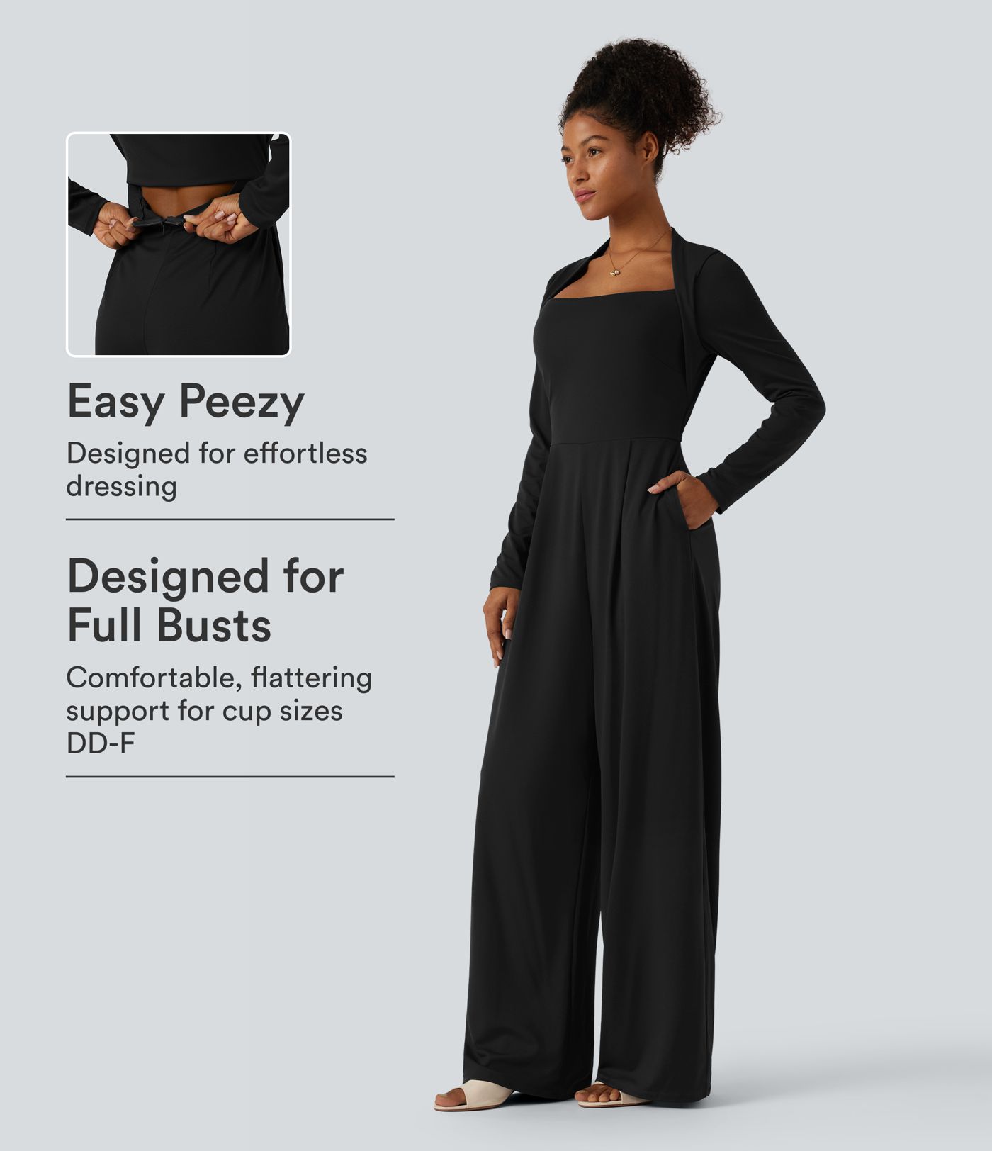 Jumpsuit mit Seitentaschen, langen Ärmeln, integriertem BH und weitem Bein - Easy Peezy Edition, DD-F Cups Jumpsuit mit Seitentaschen, langen Ärmeln, integriertem BH und weitem Bein - Easy Peezy Edition, DD-F Cups
