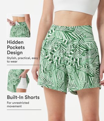 High Waisted 2-in-1 Tropical Plant Print Shorts 5'' with Pockets