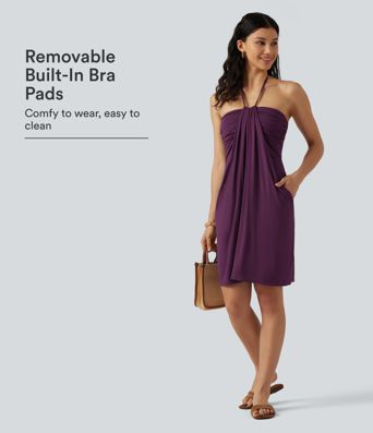 Halter Tie Back Built-in Bra Mini Resort Dress with Pockets Halter Tie Back Built-in Bra Mini Resort Dress with Pockets
