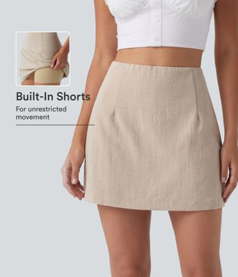 High Waisted 2-in-1 A Line Mini Casual Linen-Feel Skirt