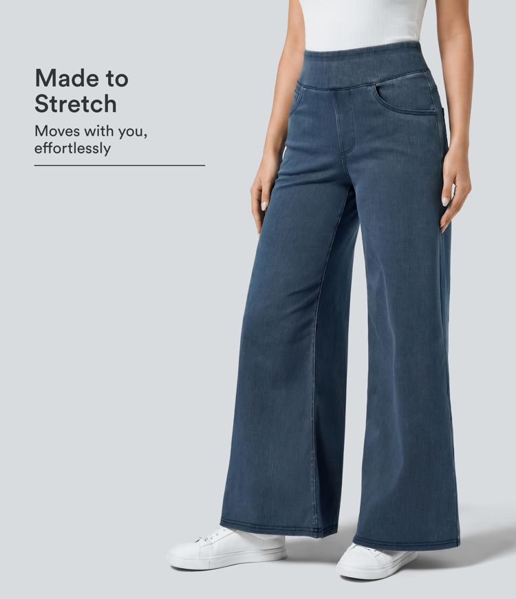 Halara Flex™ Högmidjade, flersömmade, vida, löst sittande, stretchiga, stickade arbetsjeans Halara Flex™ Högmidjade, flersömmade, vida, löst sittande, stretchiga, stickade arbetsjeans