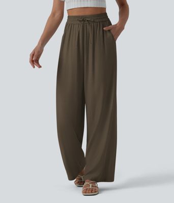 High Waisted Drawstring Wide Leg Casual Linen-Blend Pants with Pockets High Waisted Drawstring Wide Leg Casual Linen-Blend Pants with Pockets