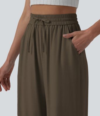High Waisted Drawstring Wide Leg Casual Linen-Blend Pants with Pockets High Waisted Drawstring Wide Leg Casual Linen-Blend Pants with Pockets
