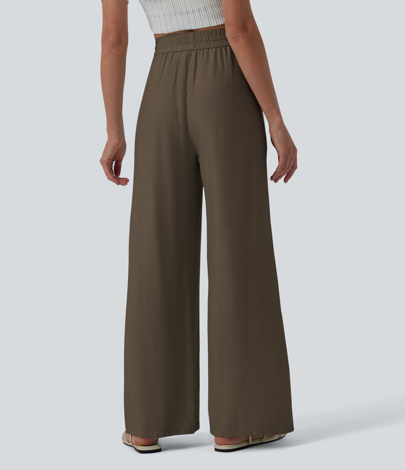 High Waisted Drawstring Wide Leg Casual Linen-Blend Pants with Pockets High Waisted Drawstring Wide Leg Casual Linen-Blend Pants with Pockets