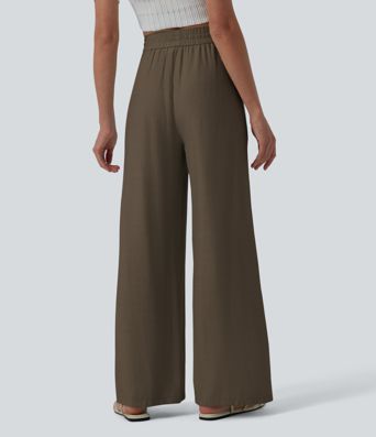 High Waisted Drawstring Wide Leg Casual Linen-Blend Pants with Pockets High Waisted Drawstring Wide Leg Casual Linen-Blend Pants with Pockets
