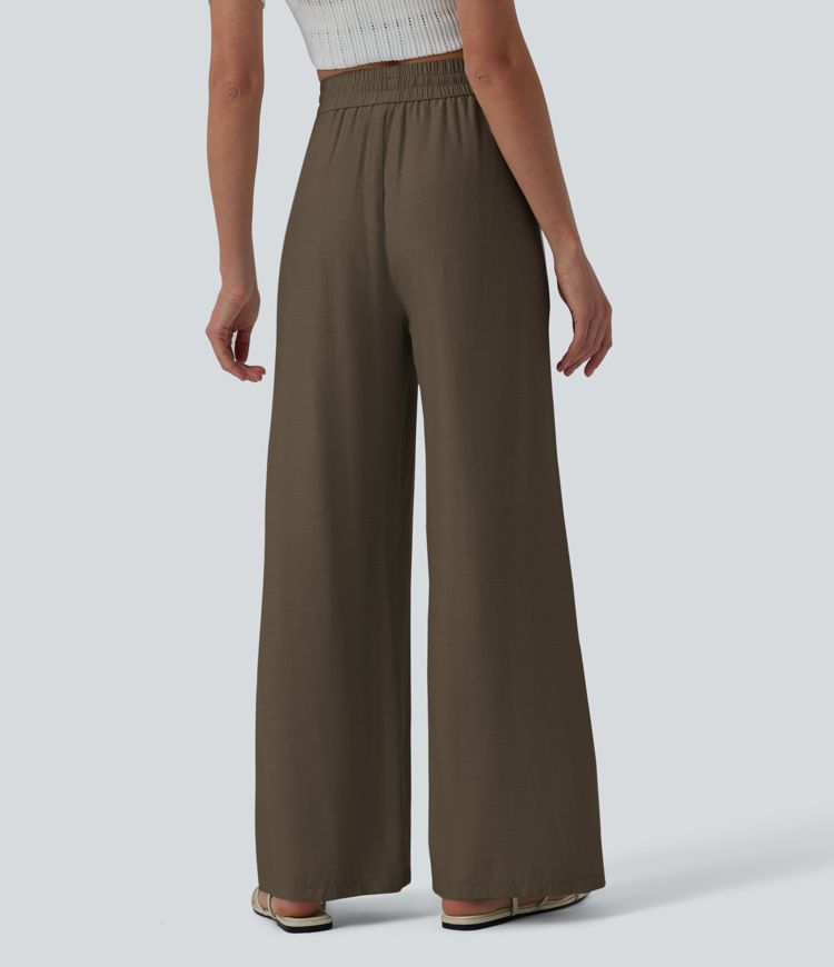 High Waisted Drawstring Wide Leg Casual Linen-Blend Pants with Pockets High Waisted Drawstring Wide Leg Casual Linen-Blend Pants with Pockets