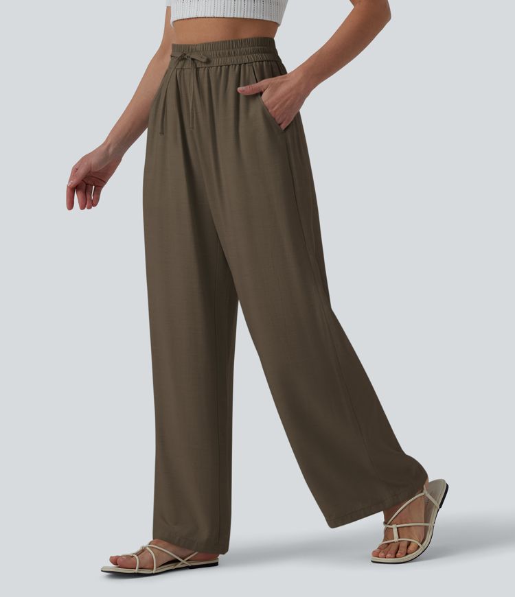 High Waisted Drawstring Wide Leg Casual Linen-Blend Pants with Pockets High Waisted Drawstring Wide Leg Casual Linen-Blend Pants with Pockets