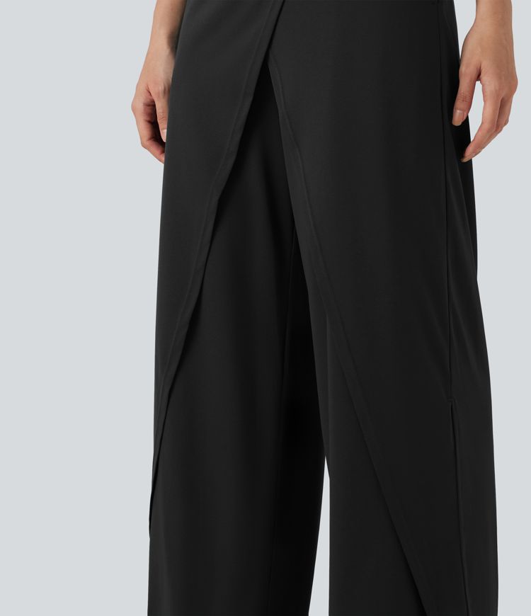 Wrap Split Hem Built-in Bra Casual Slip Baggy Jumpsuit with Pockets-Easy Peezy