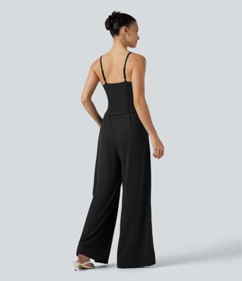 Wrap Split Hem Built-in Bra Casual Slip Baggy Jumpsuit with Pockets-Easy Peezy