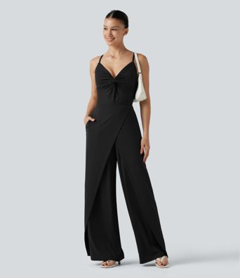 Wrap Split Hem Built-in Bra Casual Slip Baggy Jumpsuit with Pockets-Easy Peezy