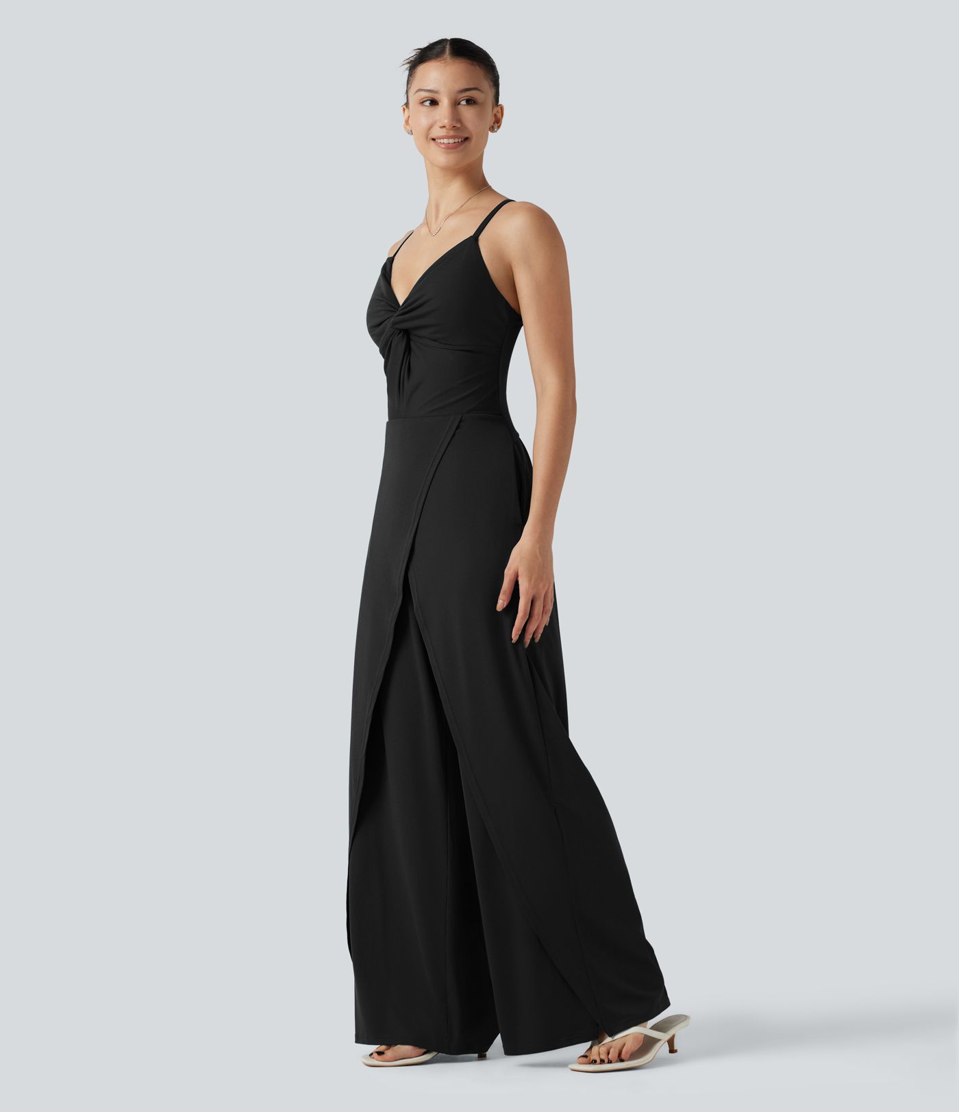 Wrap Split Hem Built-in Bra Casual Slip Baggy Jumpsuit with Pockets-Easy Peezy