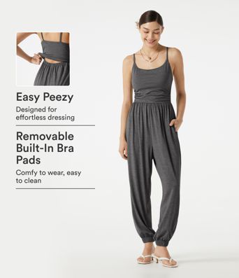 Adjustable Straps Ruched Built-in Bra Heathered Casual Jogger Jumpsuit with Pockets-Easy Peezy Adjustable Straps Ruched Built-in Bra Heathered Casual Jogger Jumpsuit with Pockets-Easy Peezy
