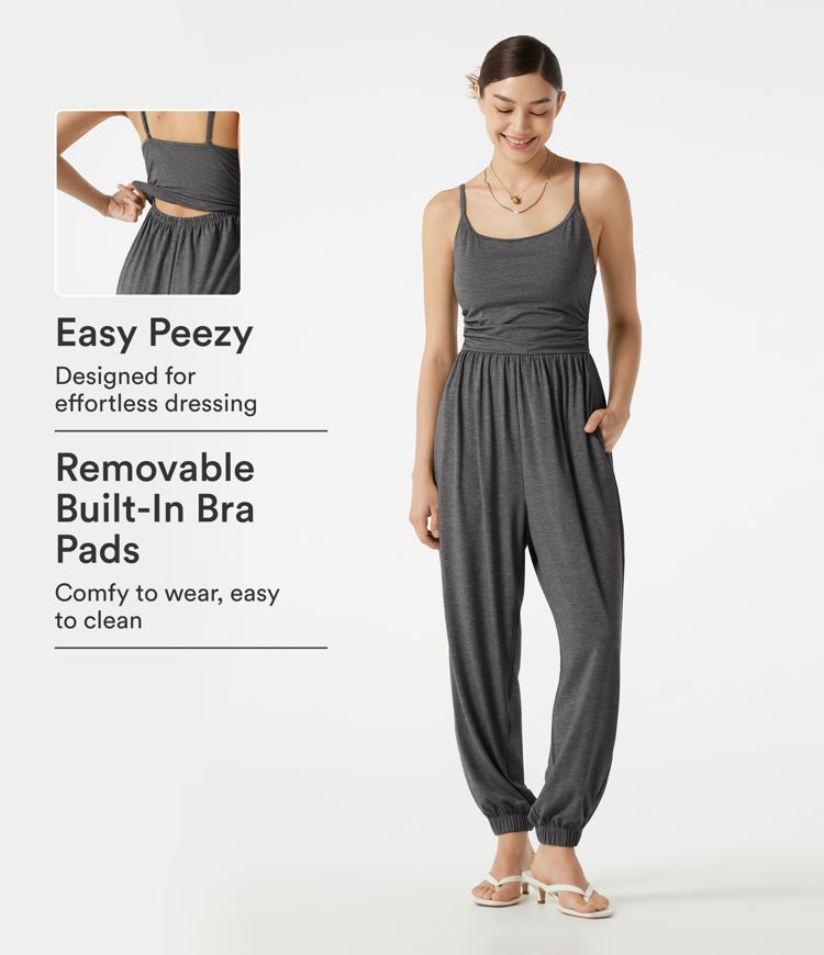 Adjustable Straps Ruched Built-in Bra Heathered Casual Jogger Jumpsuit with Pockets-Easy Peezy Adjustable Straps Ruched Built-in Bra Heathered Casual Jogger Jumpsuit with Pockets-Easy Peezy