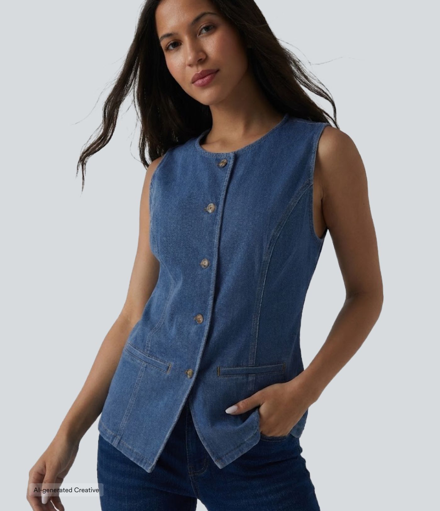 Halara Flex™ top sin mangas de denim con cuello redondo Halara Flex™ top sin mangas de denim con cuello redondo