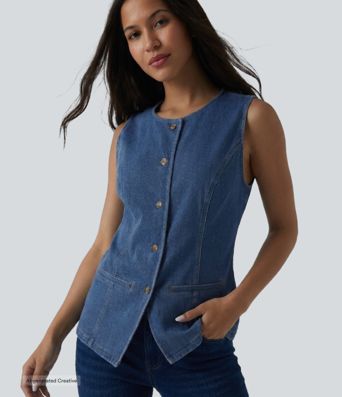 Halara Flex™ top sin mangas de denim con cuello redondo Halara Flex™ top sin mangas de denim con cuello redondo