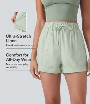High Waisted Drawstring Rolled Hem Cotton Linen Casual Baggy Shorts with Pockets High Waisted Drawstring Rolled Hem Cotton Linen Casual Baggy Shorts with Pockets