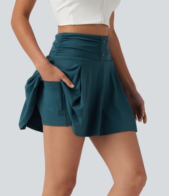 SoftlyZero™ QuickDry High Waisted Tummy Control Ruched 2-in-1 Mini Tennis Skirt with Pockets