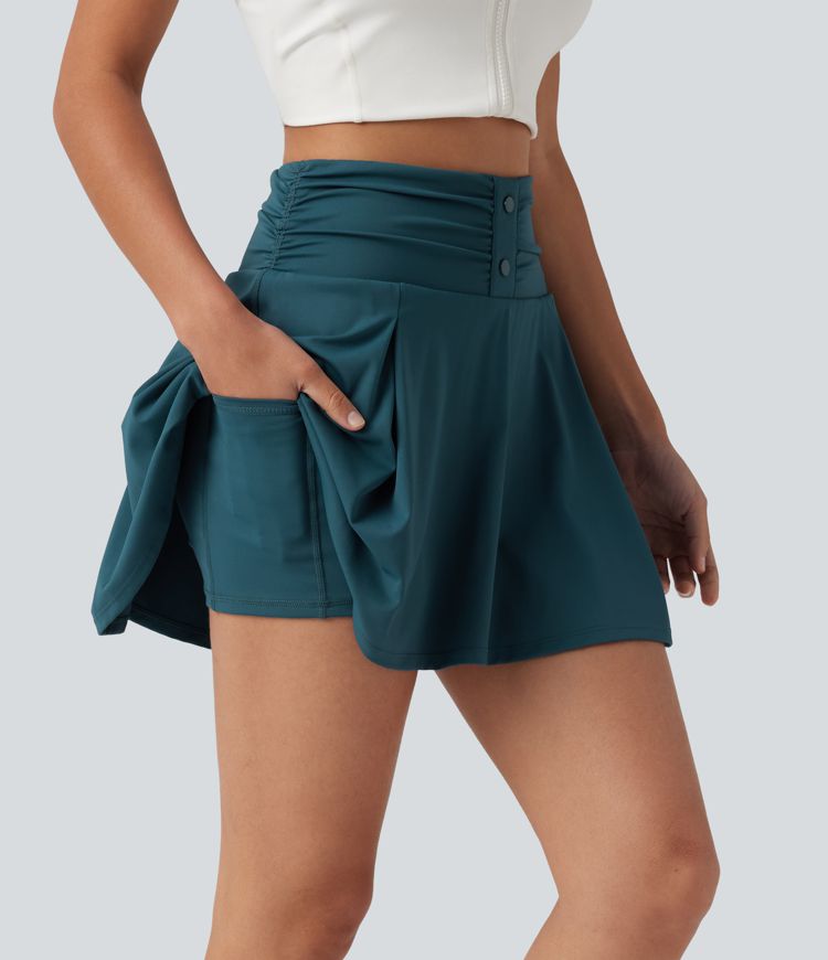 SoftlyZero™ QuickDry High Waisted Tummy Control Ruched 2-in-1 Mini Tennis Skirt with Pockets