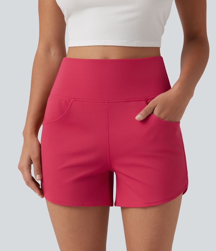 SoftlyZero™ Airy High Waisted Curved Hem Skinny Cool Touch Casual Shorts 4'' with Pockets