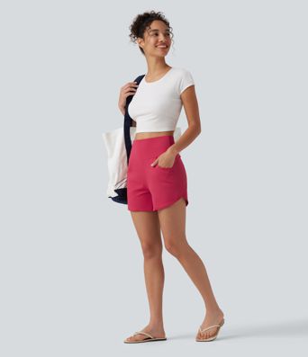 SoftlyZero™ Airy High Waisted Curved Hem Skinny Cool Touch Casual Shorts 4'' with Pockets