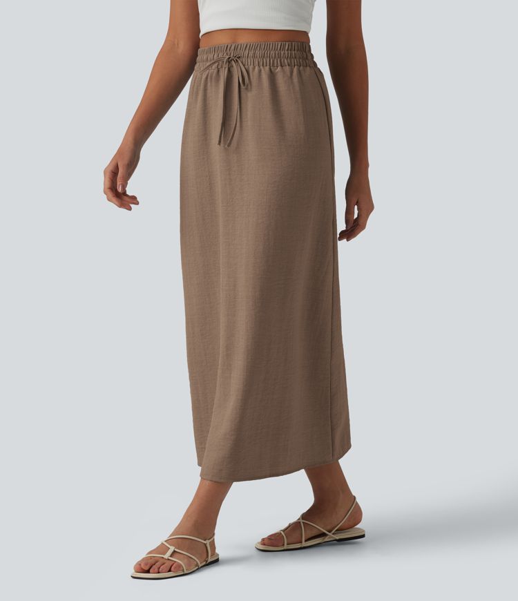 High Waisted Drawstring Maxi Linen-Feel Casual Skirt